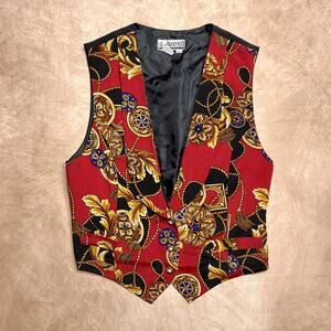 Vintage 90s Rocaille Print Vest Multicolor Red Sleeveless Rococo Maximalist